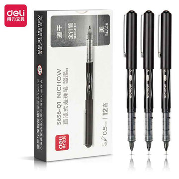 DELI NICHOW Liquid Black Ink Rollerball Pens 0.5mm Needle Tip 12 Pack - TTpen