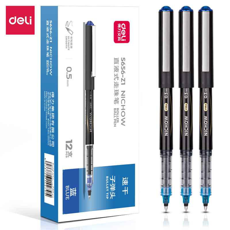 DELI Black Blue Red Liquid Ink Rollerball Pens 0.5mm Needle Tip 12 Pack - TTpen
