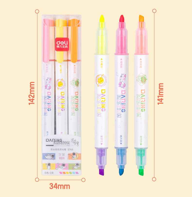 DELI S749 Dual-Tip Highlighter,Chisel Tip,6 Assorted Colors,3 Pack - TTpen