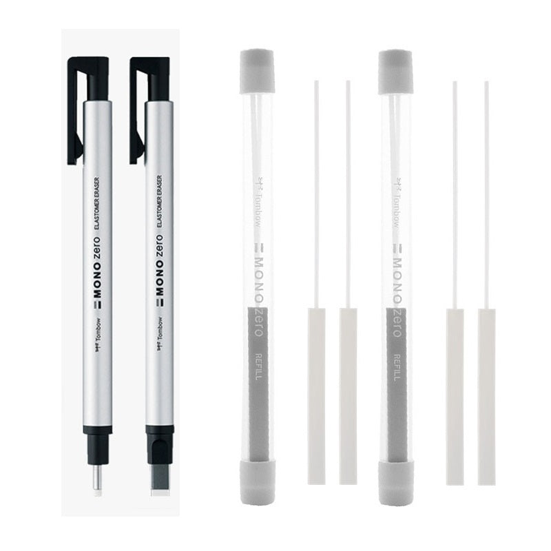 Tombow Mono Zero Pen-Style Eraser Set (Round Rectangle Tip & 4 Refills) Silver