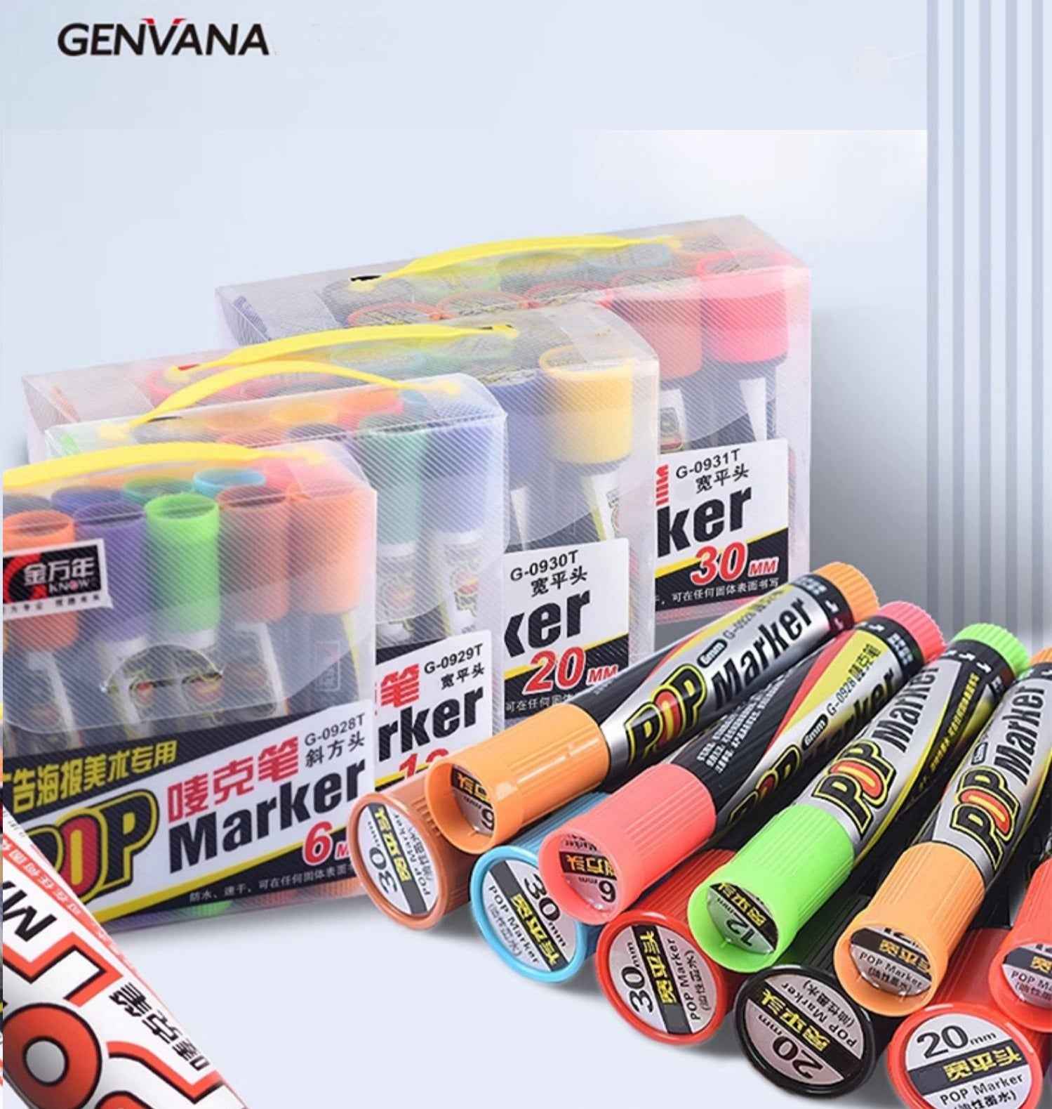 GENVANA 12 Color Pop Markers Oil-Based 6/12/20/30mm Wide Jumbo Tip