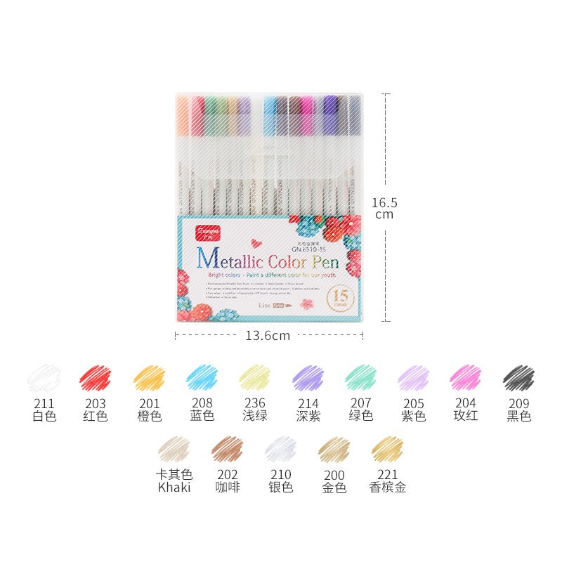 Guangna 6510 Metallic Color Pen 10/12/15/20/30 Fine Point Markers 15 Color