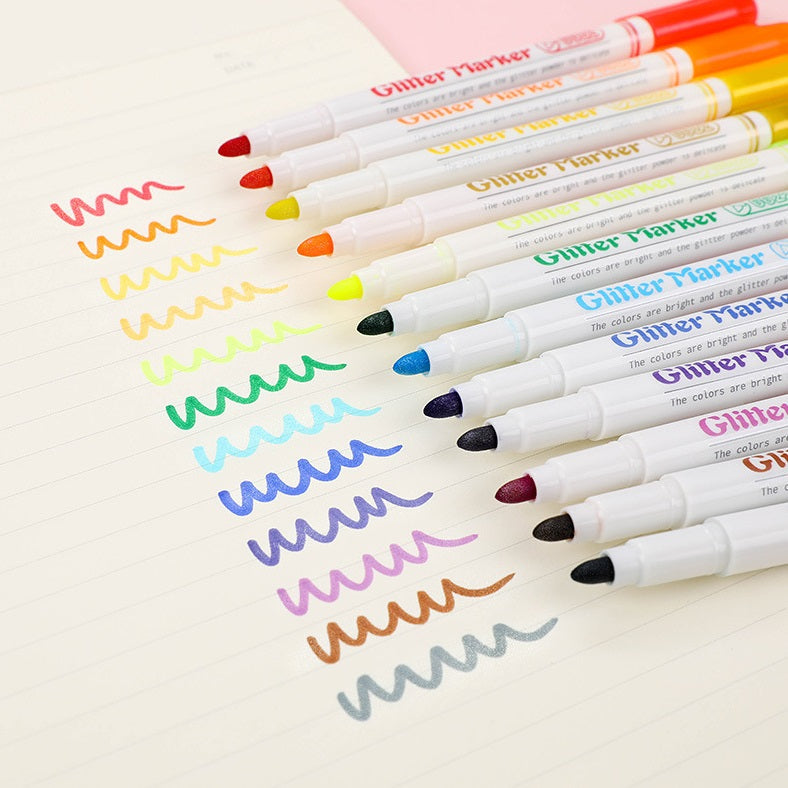 Glitter Marker Highlighters,12 Pastel Colors,School Supplies,Round/Chisel Tip