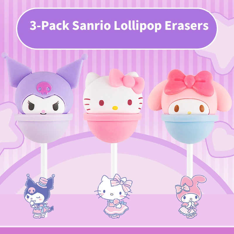 Guangbo 3-Pack Sanrio Lollipop Erasers-My Melody,Kuromi,Hello Kitty