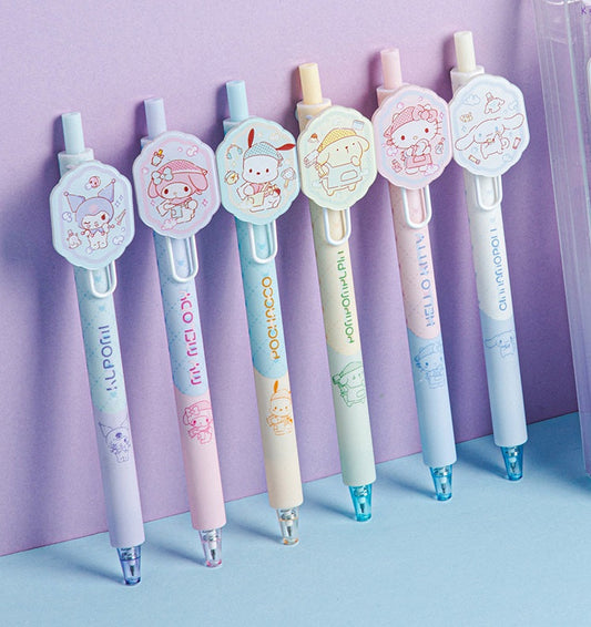 Guangbo Sanrio Click Gel Pen Set 6-Pack with Cartoon Character Clip