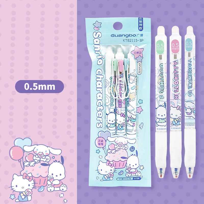 Guangbo Sanrio Erasable Gel Pen Set – 0.5mm Blue Ink, 3-Pack
