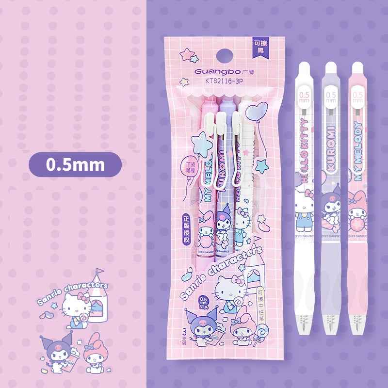 Guangbo Sanrio Erasable Gel Pen Set – 0.5mm Blue Ink, 3-Pack