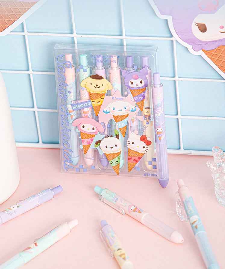 Guangbo 6-Pack Sanrio Ice Cream Click Pens – 0.5mm Black Gel Ink