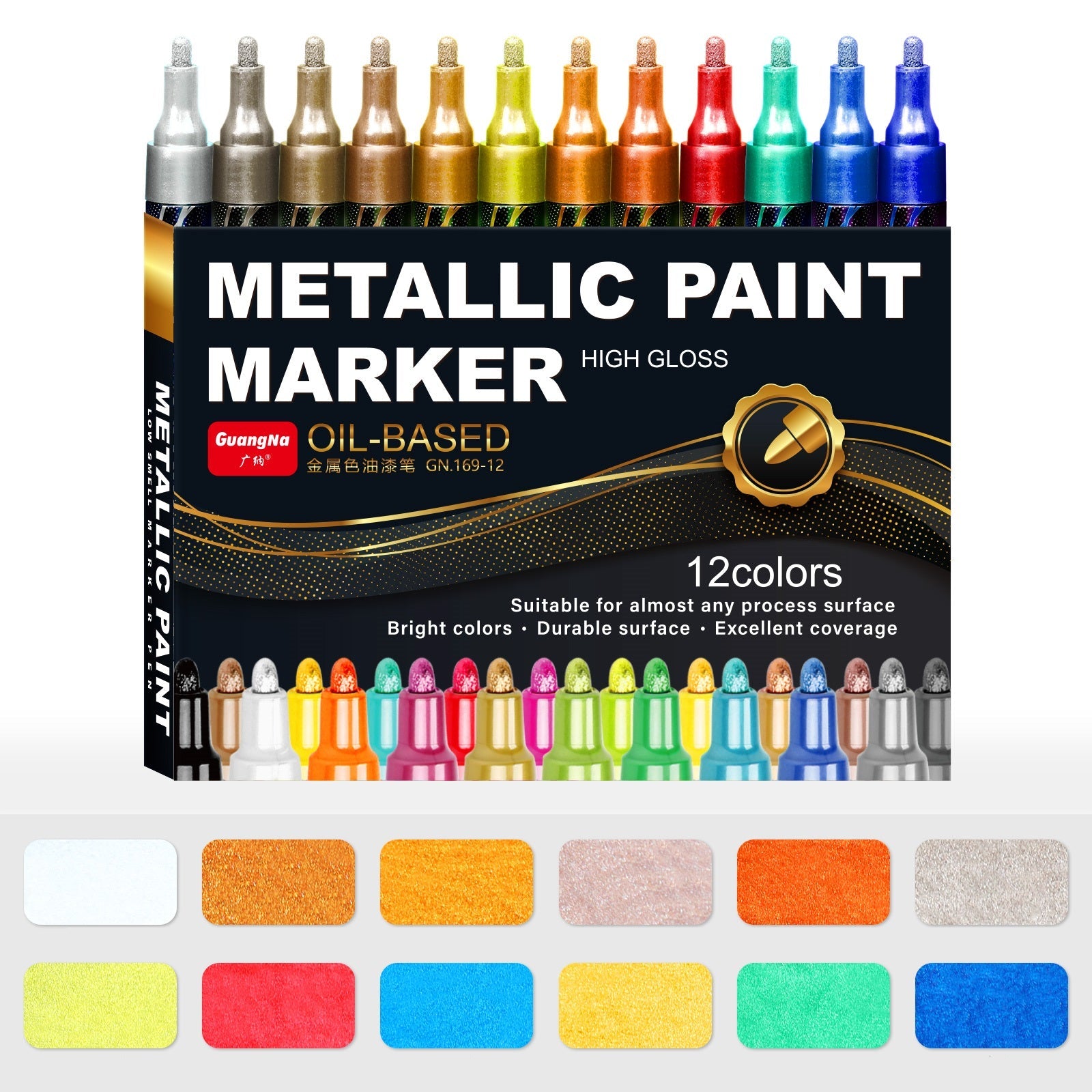 Guangna 169 Metallic Paint Marker Pens Oil-Based – 12-Color