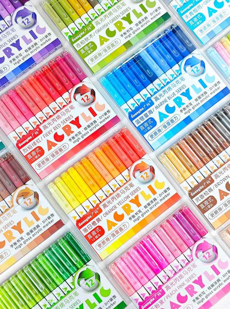 Guangna 12-Color Liquid Acrylic Marker Set – 1.0mm Metal Tip
