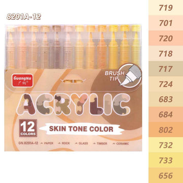 Guangna 8201 Acrylic Paint Markers 12 Skin Tone Colors Soft Brush Tip