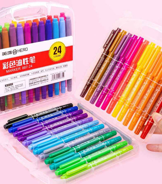 Hero 887 Dual-Tip 24-Color Oil-Based Markers Pens for Art Drawing