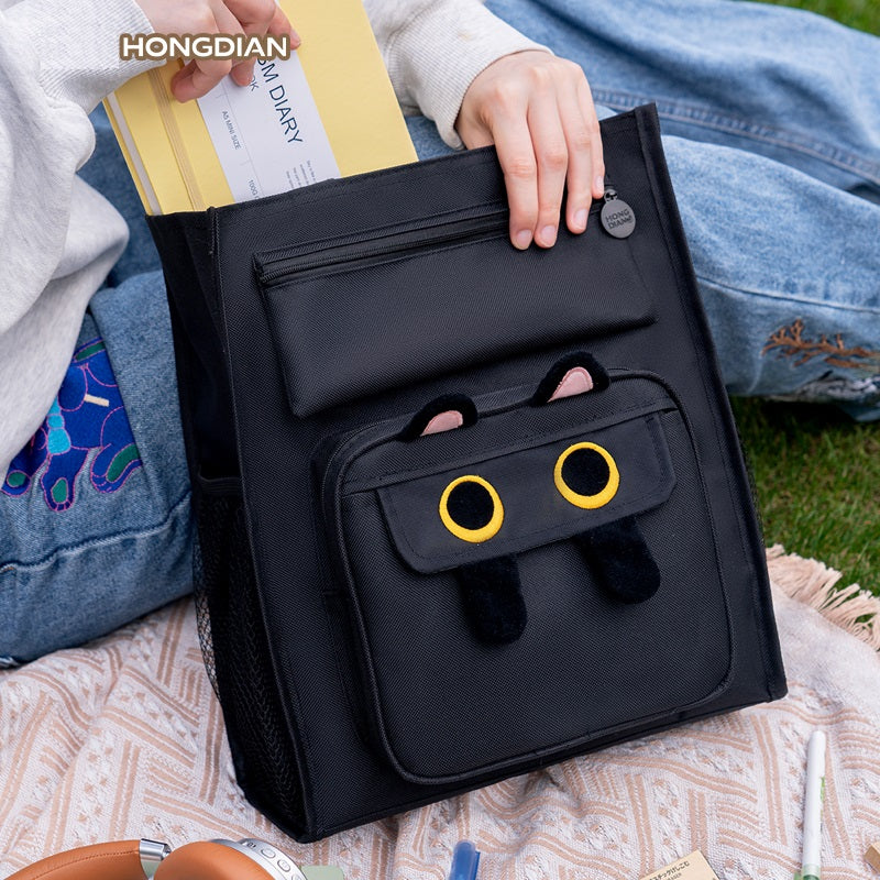 HongDian Embroidered Cat Study Bag Large Capacity Canvas Art Bag for Students