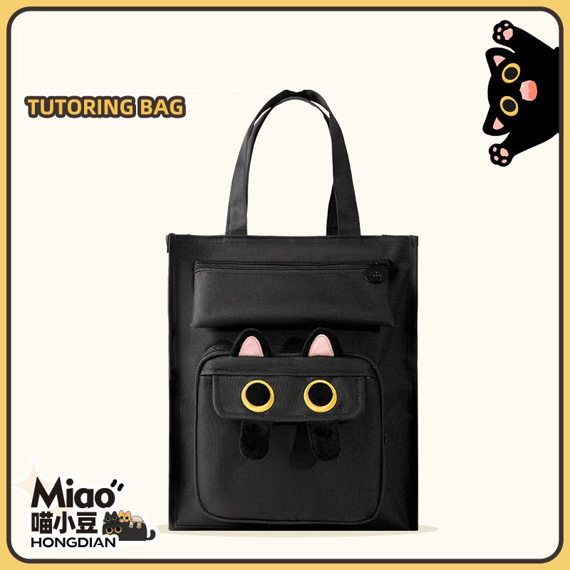 HongDian Embroidered Cat Study Bag Large Capacity Canvas Art Bag for Students