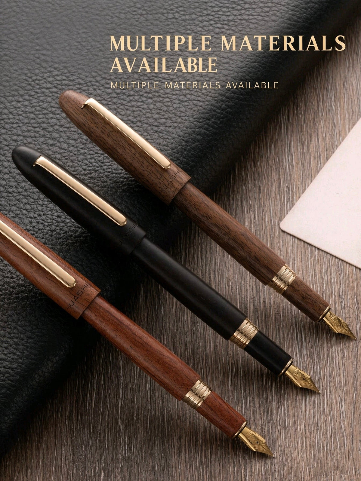 Three pictured wooden fountain pen finishes with gold-tone details