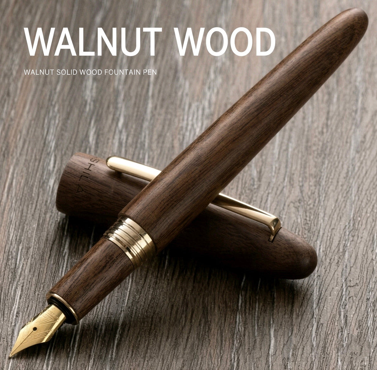 Walnut wood fountain pen with gold-tone nib and trim