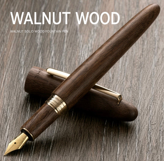 Walnut wood fountain pen with gold-tone nib and trim