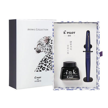 Pilot 88G snow leopard fountain pen gift set with black ink and animal collection box