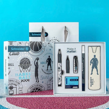 Schneider Basketball Club fountain pen gift set with pen sleeve and ink cartridges