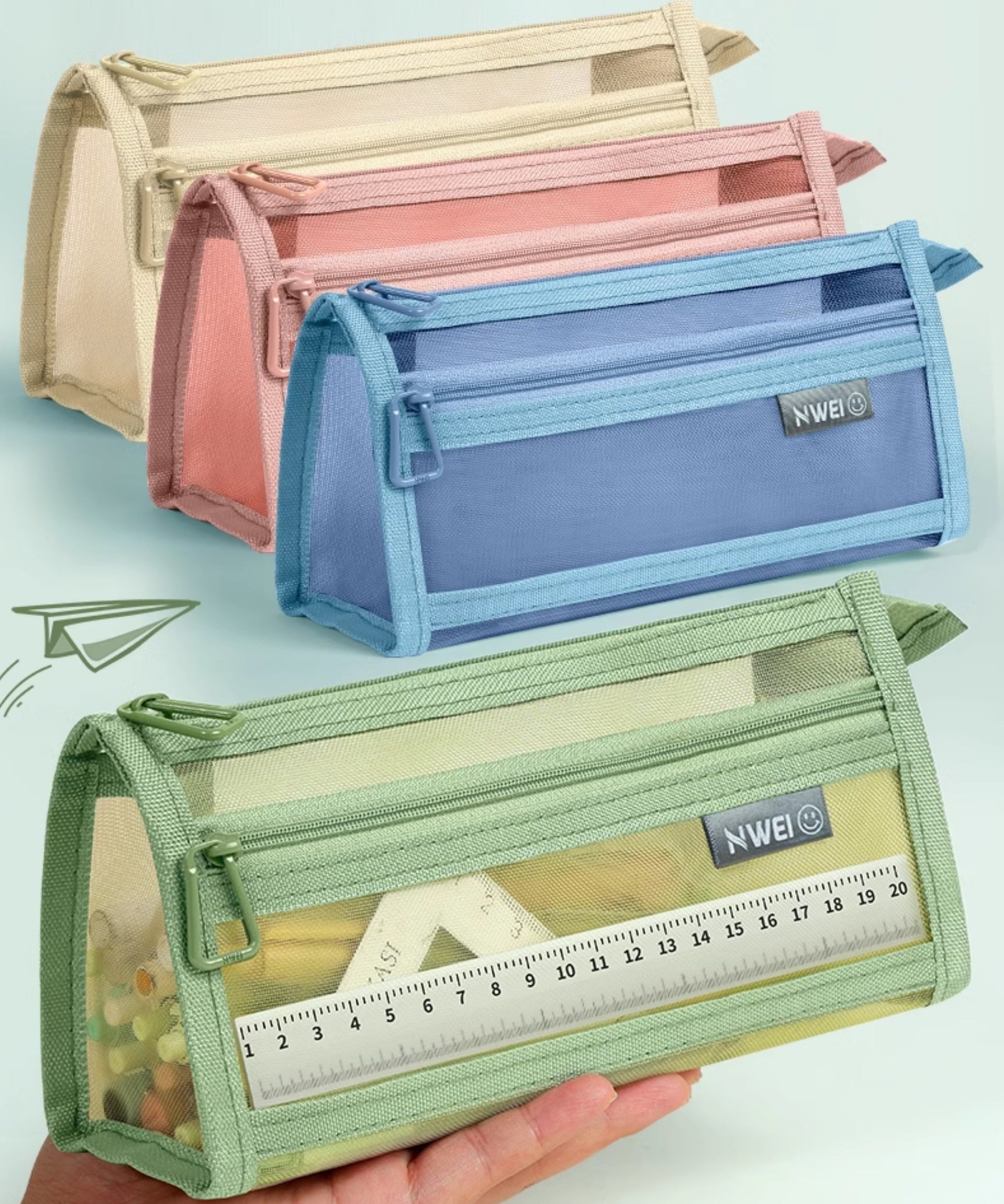 NWEI Double-Layer Mesh Pencil Case Stationery Storage 4 Color Pack