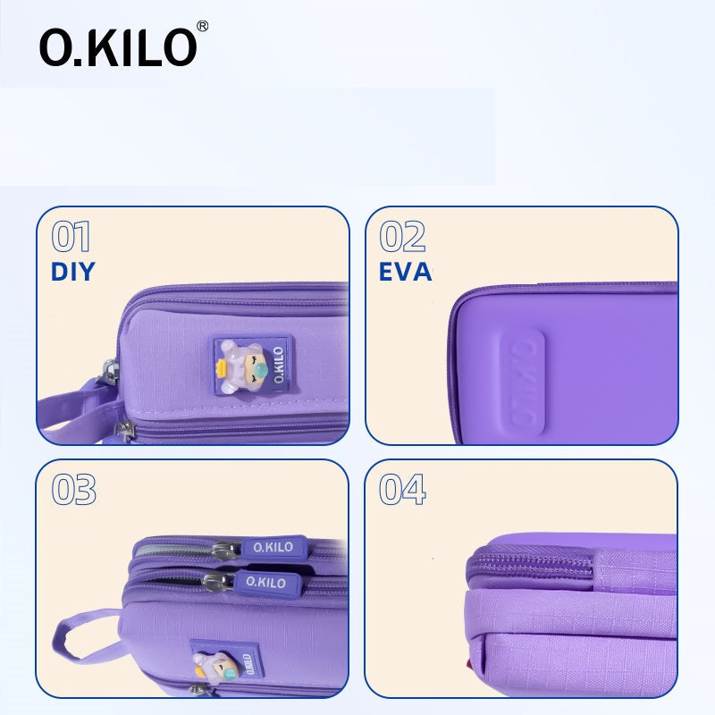 O.KILO Triple-Layer Pencil Case Student Stationery Bag for Kids Teens