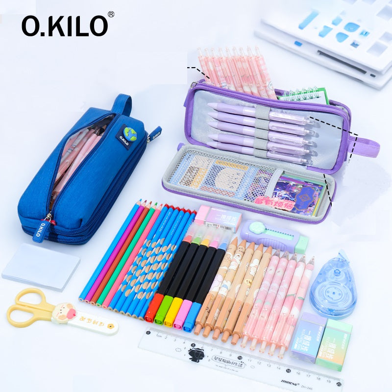 O.KILO Triple-Layer Pencil Case Student Stationery Bag for Kids Teens