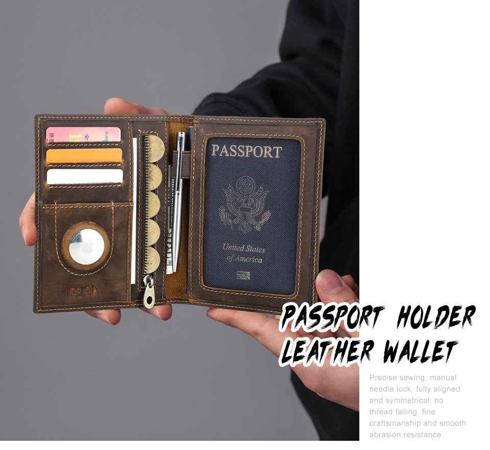 Full Grain Leather Airtag Passport Holder RFID Blocking Travel Wallet