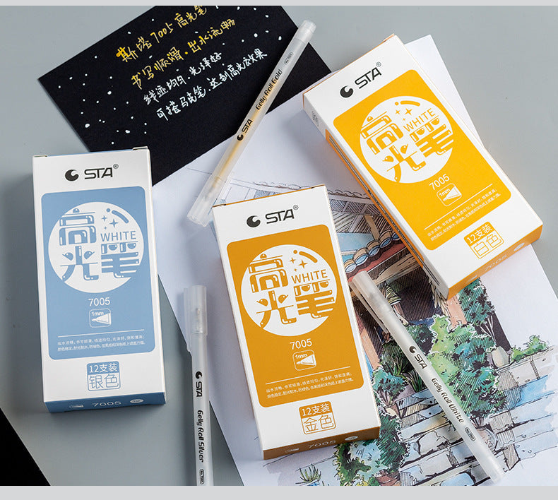 STA Gelly Roll Gel Pen 1mm Bold Tip White Gold Silver Ink 12 Pack