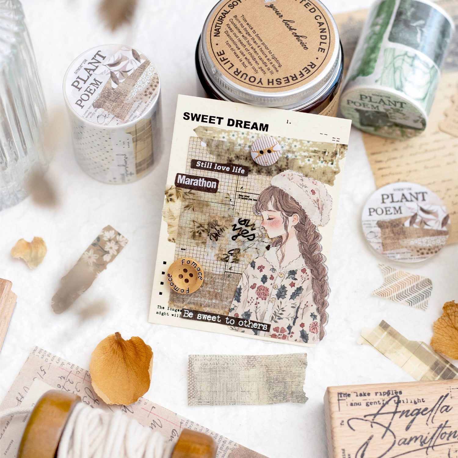 Plant Poem Washi Tape – 4 Roll Retro Artistic Decorative Tapes 50mmx2m