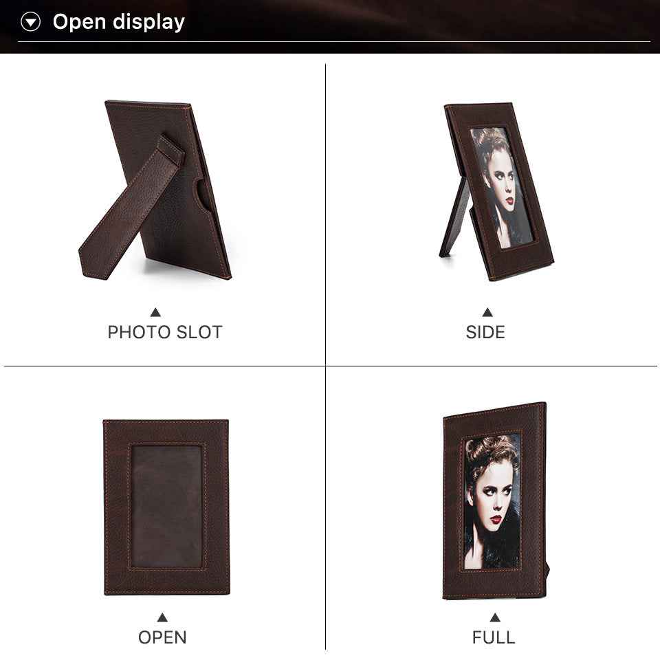 4" x 6" Coffee Full Grain Leather Picture Frame with Brown Stitching