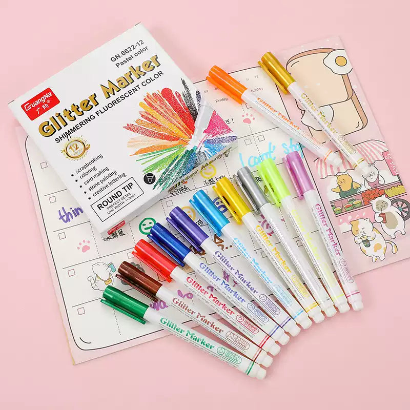 Guangna Glitter Markers Highlighter Pens Medium Point 12 Colors