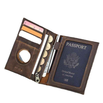 Full Grain Leather Airtag Passport Holder RFID Blocking Travel Wallet