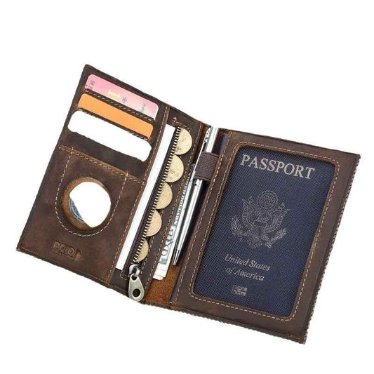 Full Grain Leather Airtag Passport Holder RFID Blocking Travel Wallet