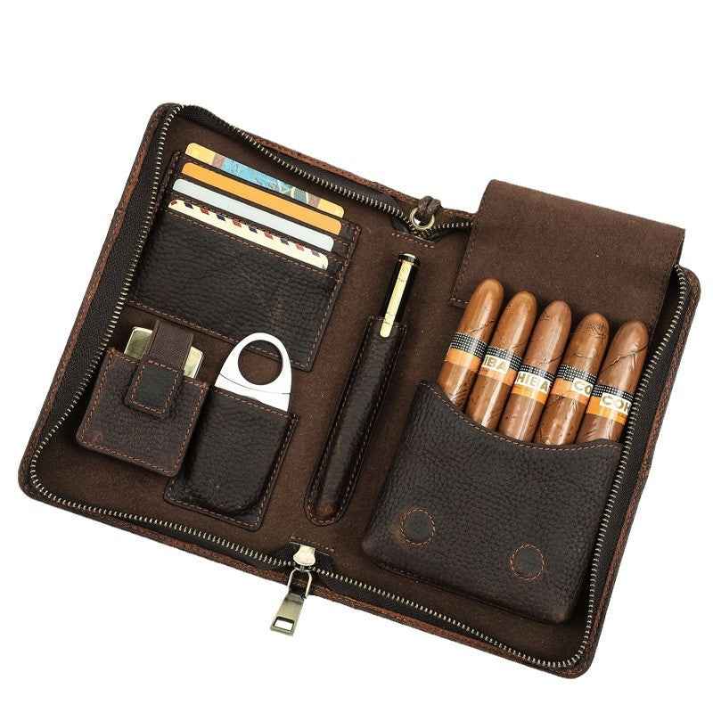Genuine Leather Portable 5 Cigar Storage Case with Pen Holder