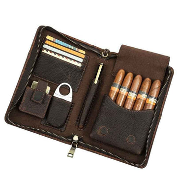 Genuine Leather Portable 5 Cigar Storage Case with Pen Holder