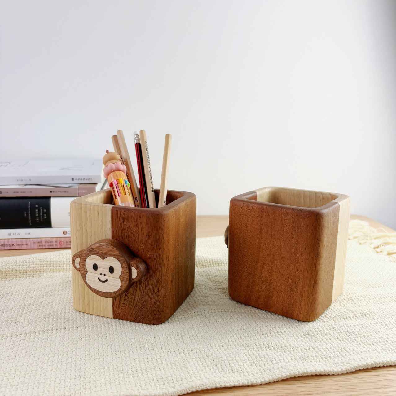 Cute Wood Desktop Pen Pencil Holder Monkey and Sheep