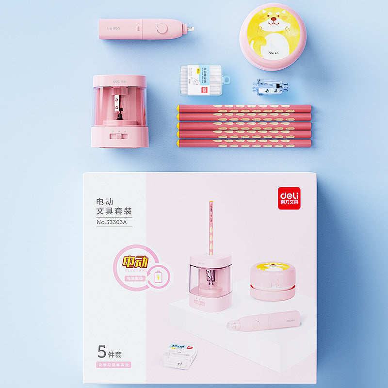 DELI Electric Stationery Gift Set Pencil Sharpener Eraser Desktop Vacuum Pink
