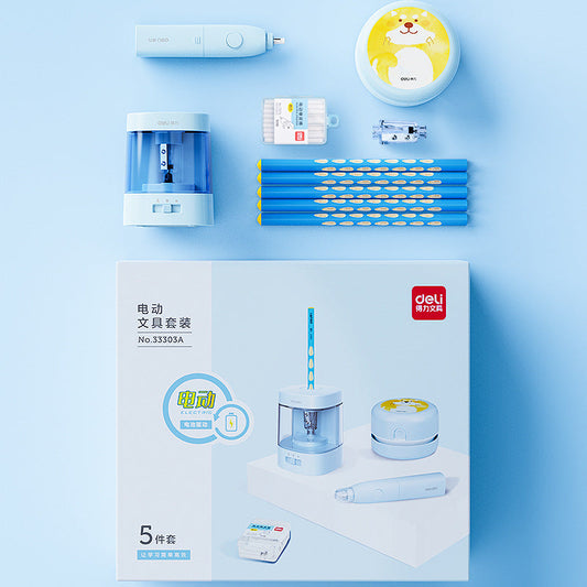 DELI Electric Stationery Gift Set Pencil Sharpener Eraser Desktop Vacuum Blue