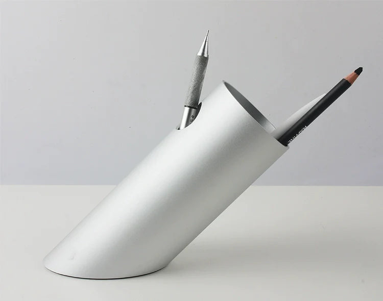 Tilted Aluminum Cylinder Pen Holder - Modern Desktop Organizer