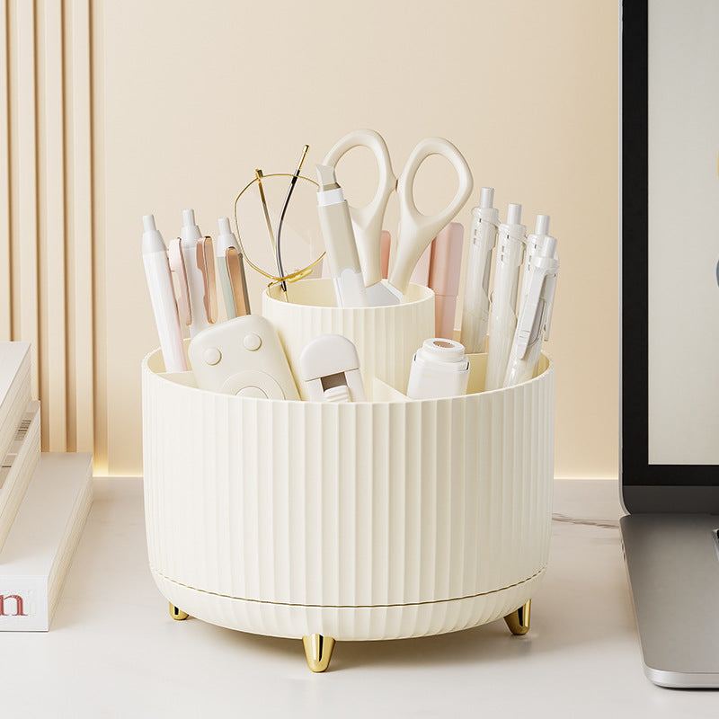 360 Degree Rotating Desk Organizer 5 Slots Pen Pencil Holder Beige