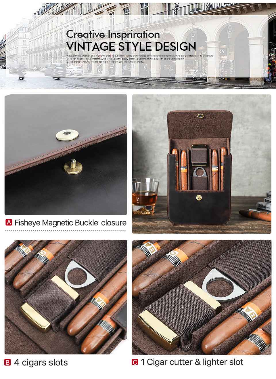 Vintage Leather 4-Cigar Case Magnetic Closure