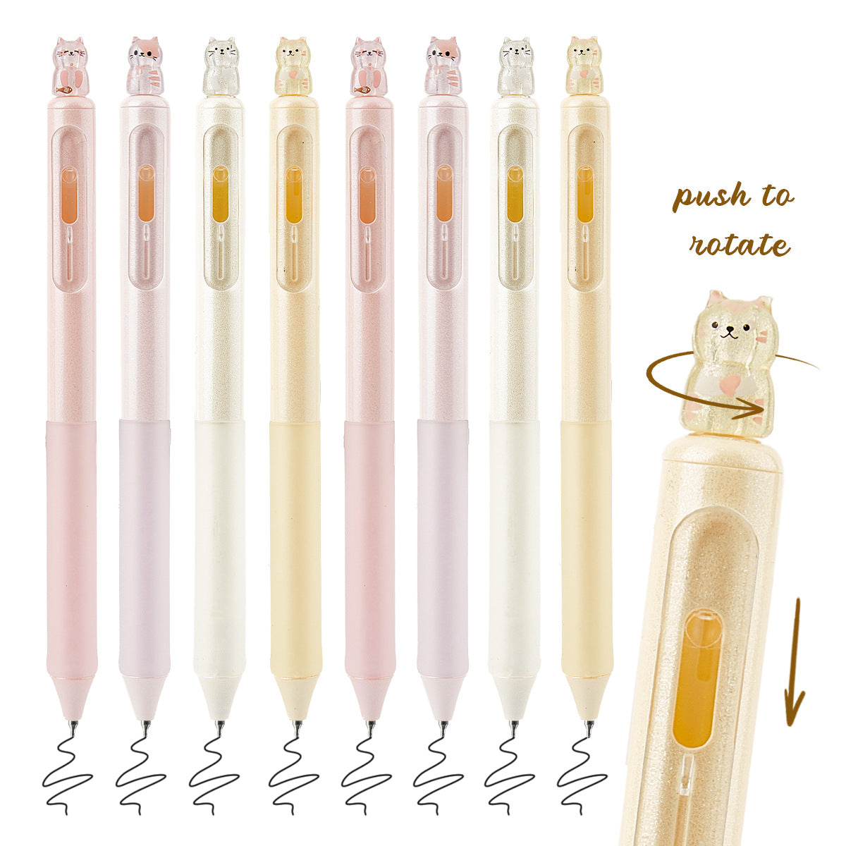8 Pack Cute Rotating Cat Click Gel Pens - 0.5mm Black Ink