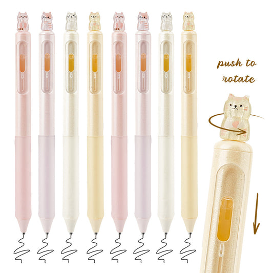 8 Pack Cute Rotating Cat Click Gel Pens - 0.5mm Black Ink