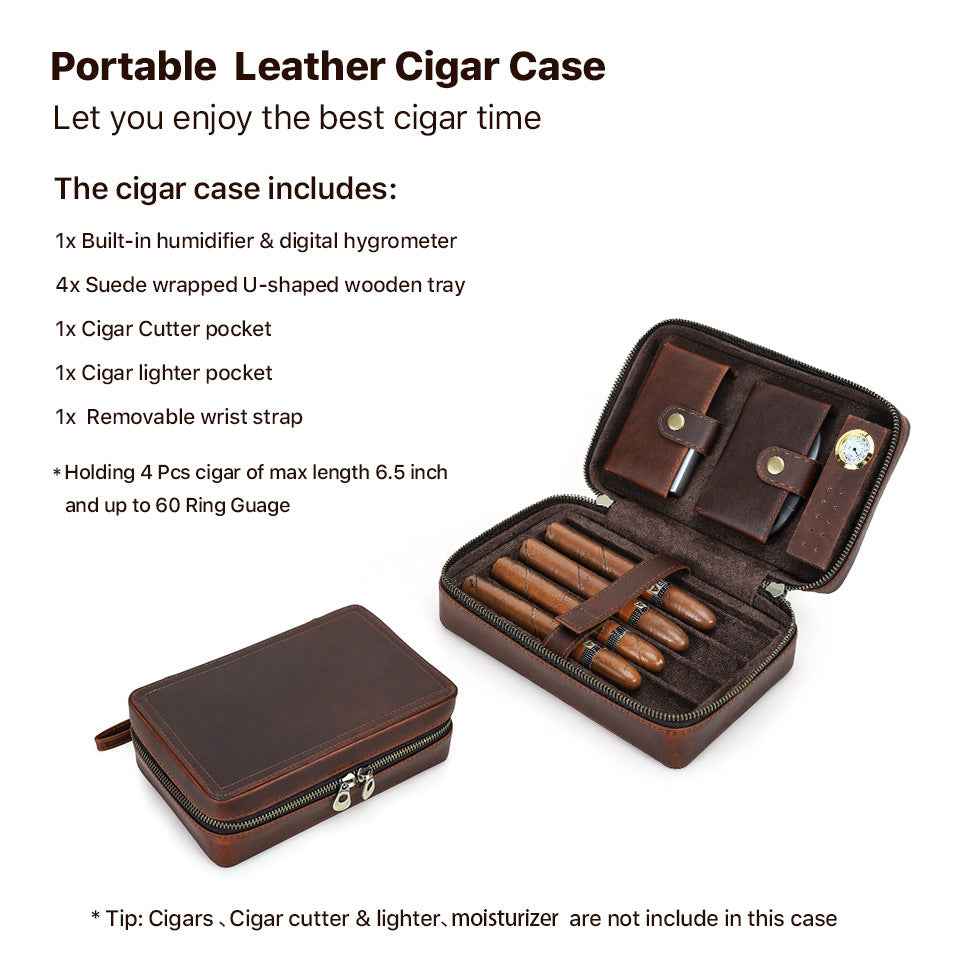 4-Stick Genuine Leather Portable Cigar Case with Hygrometer
