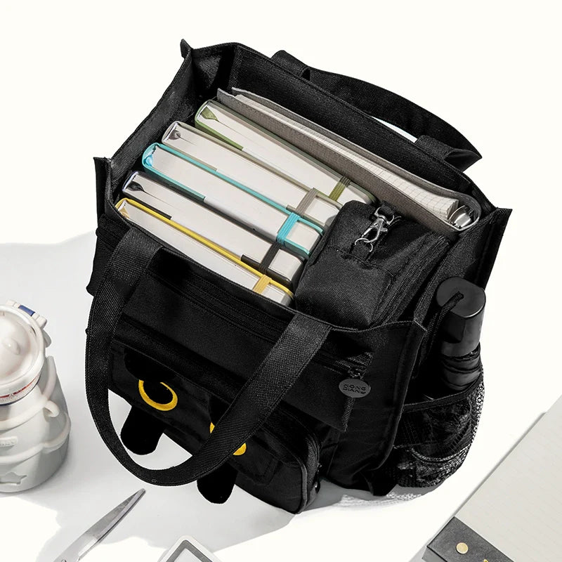 HongDian Embroidered Cat Study Bag Large Capacity Canvas Art Bag for Students