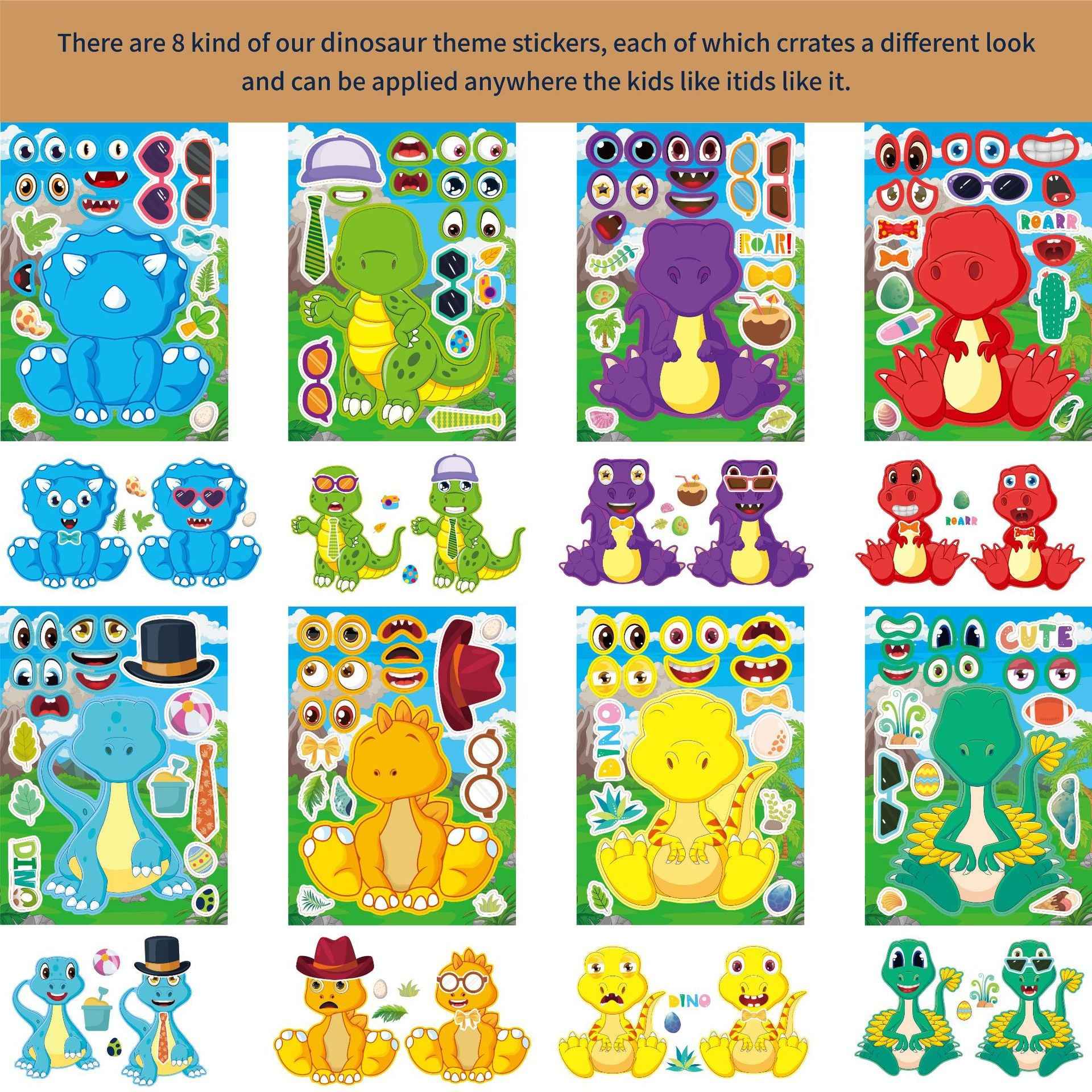 32 Sheets Cartoon Dinosaur Theme Make Your Own Stickers for Kids - TTpen