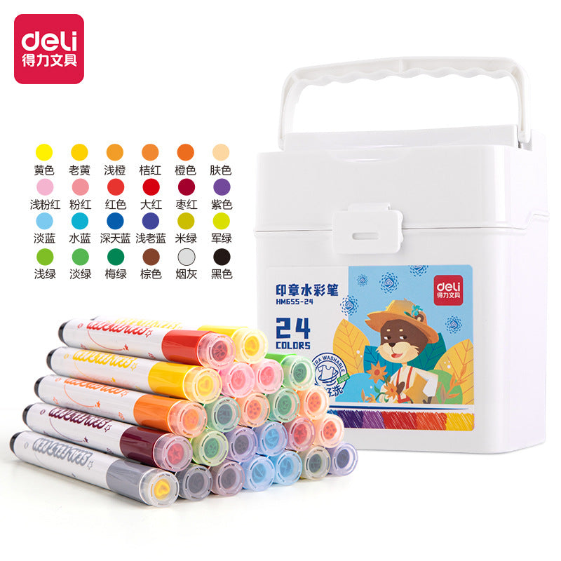 DELI Washable Drawing Stamp Art Markers with Storage Box for Kids 24 Color
