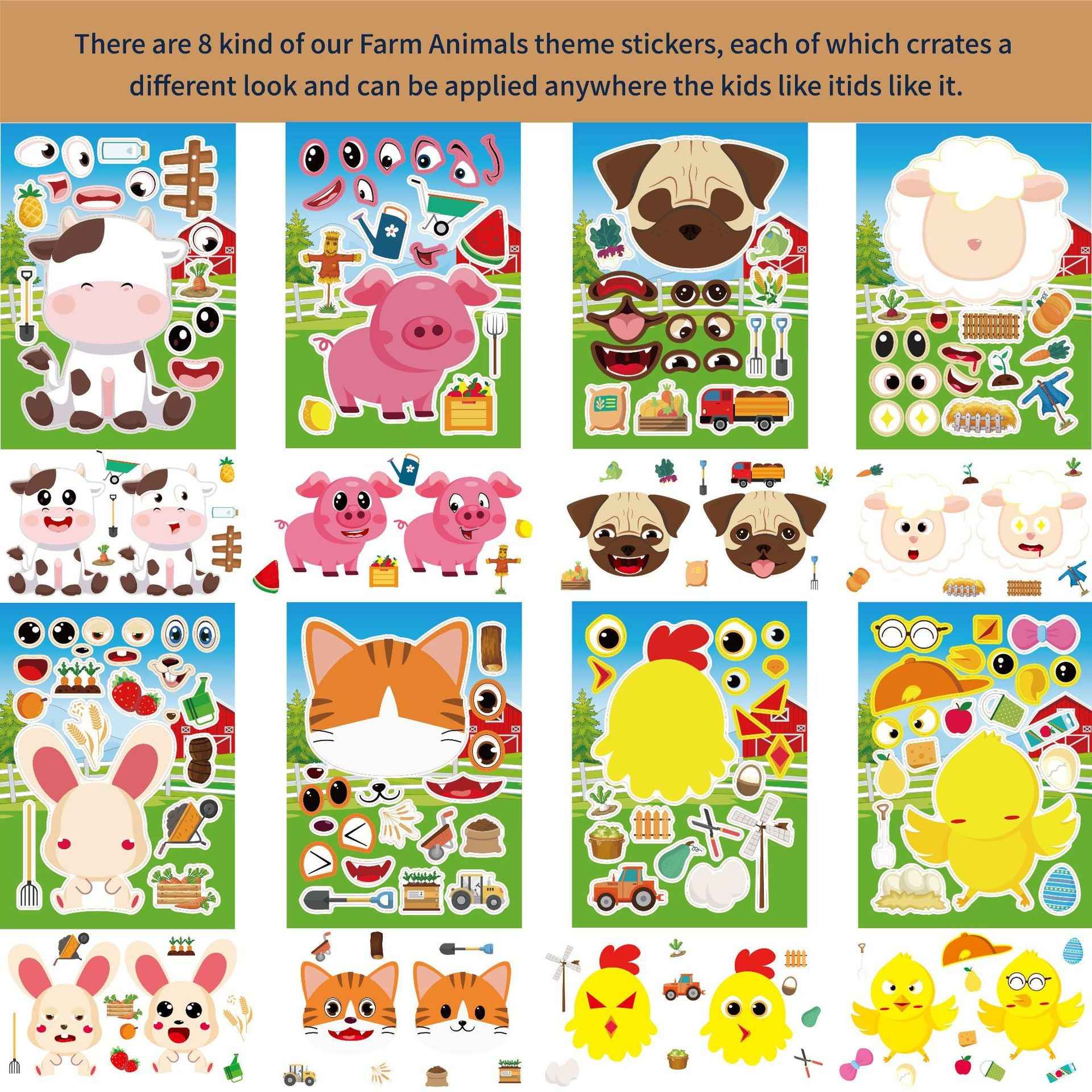32 Sheets Farm Animals Make Your Own Stickers for Kids - TTpen