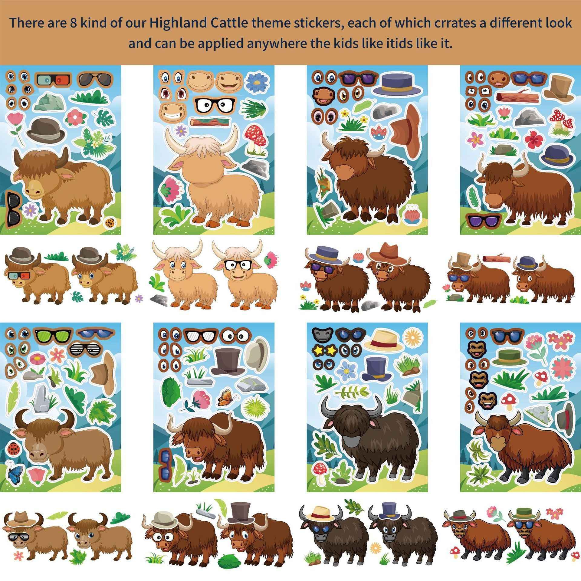 32 Sheets Hightland Cattle Make Your Own Stickers for Kids - TTpen