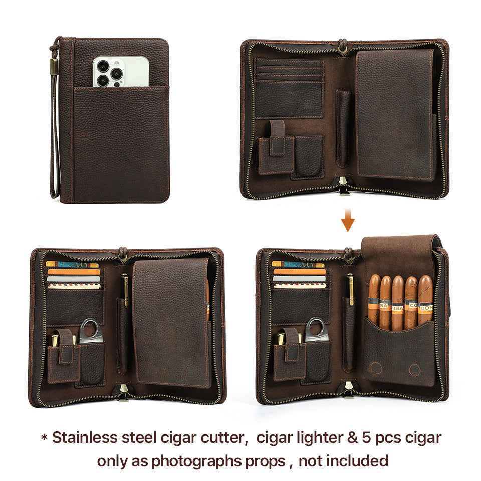 Genuine Leather Portable 5 Cigar Storage Case with Pen Holder